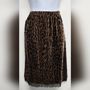 Clio M Skirt Leopard Animal Print Elastic Waist Seed Bead Fringe Hem Velour